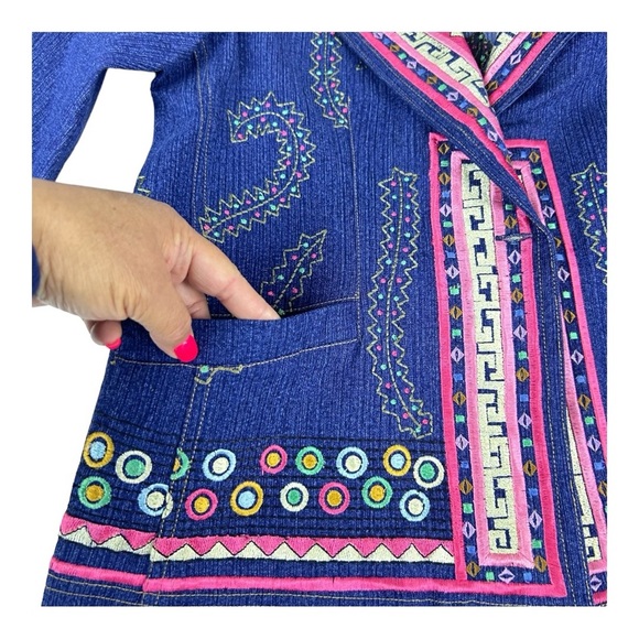 Vintage Y2K Entice Embroidered Dark Blue Denim Jean Jacket Blazer Hippie Medium - Picture 12 of 16
